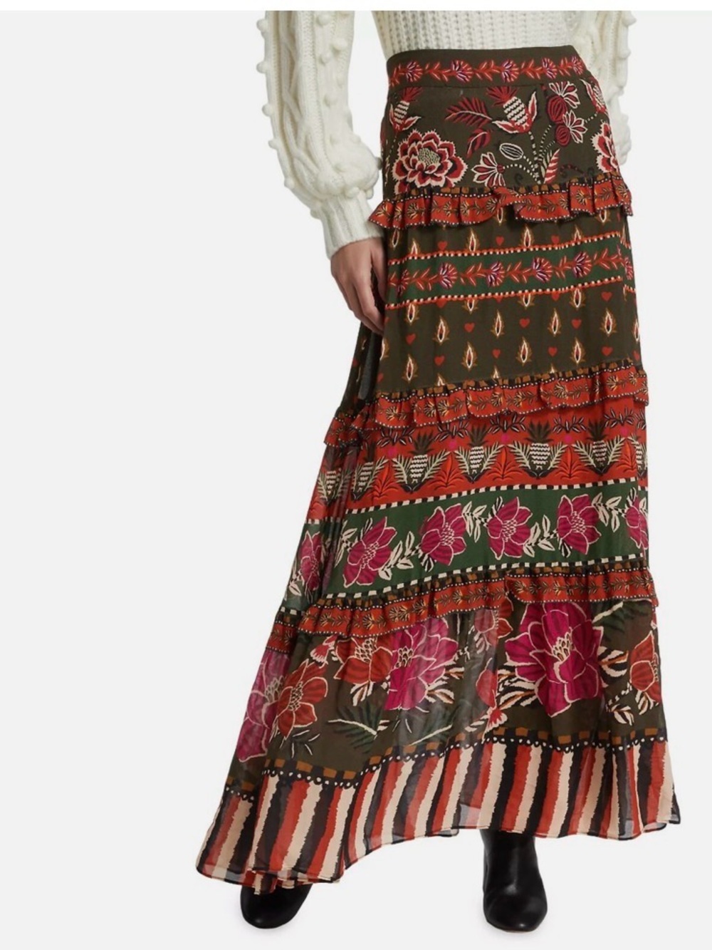 NWT FARM Rio Ainika Floral Garden Maxi Skirt Tiered Maxi Skirt in Olive and Rust - Picture 8 of 12